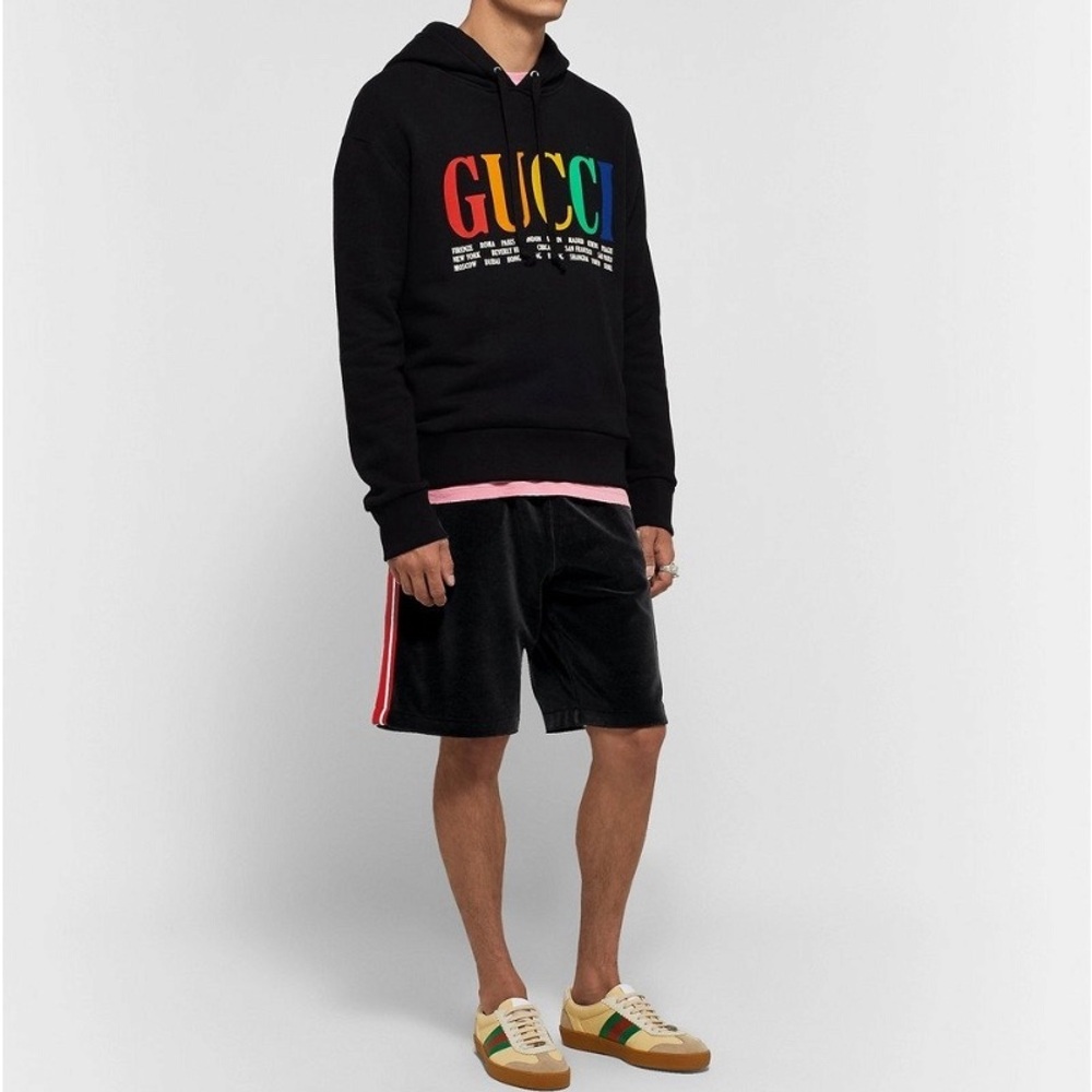 Men’s Gucci Black Velvet Drawstring Shorts Red White Webbing Trim Stripe Size XL